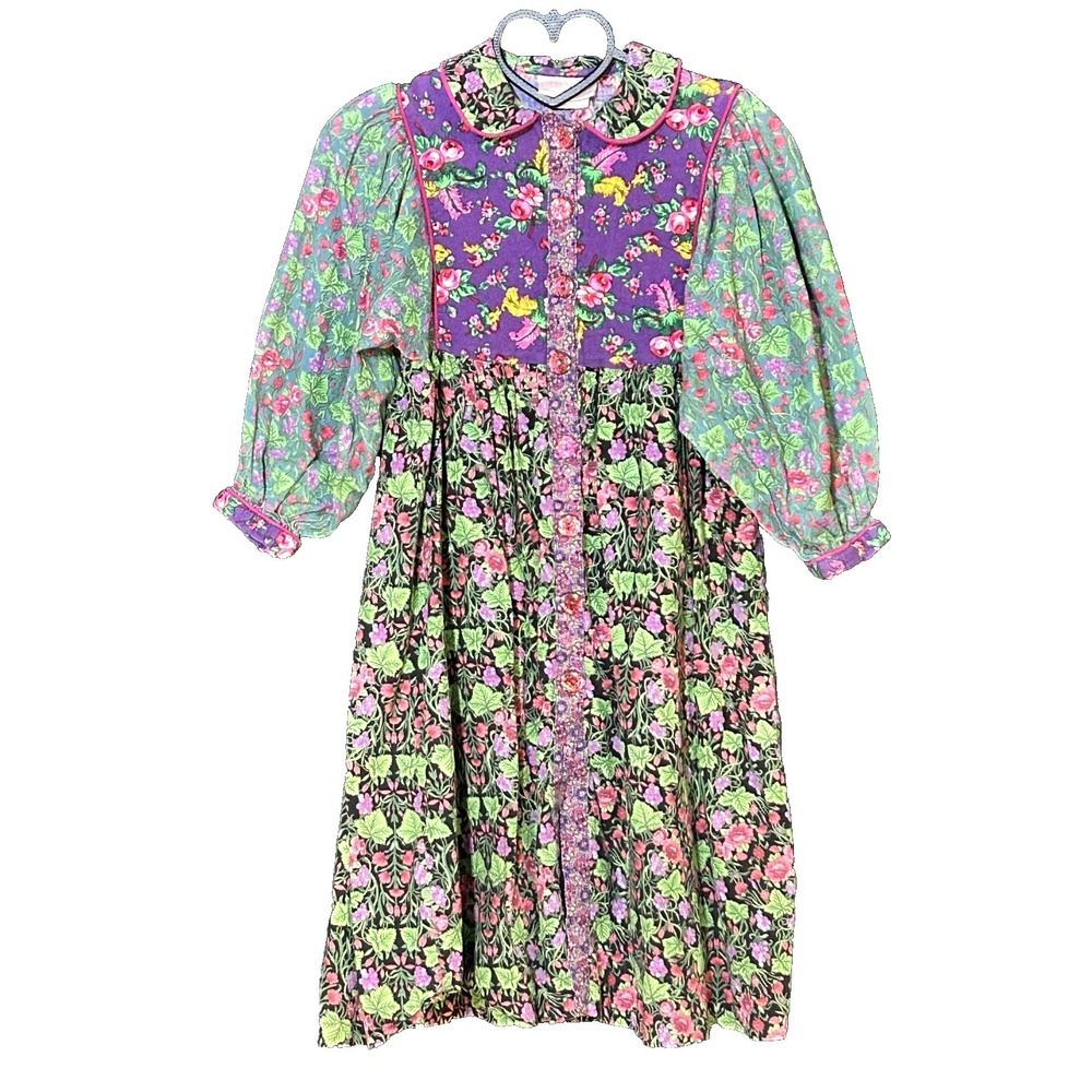 Vintage Wee Clancy Girls Floral Cottagecore Dress Cotton USA Colorful 90s
